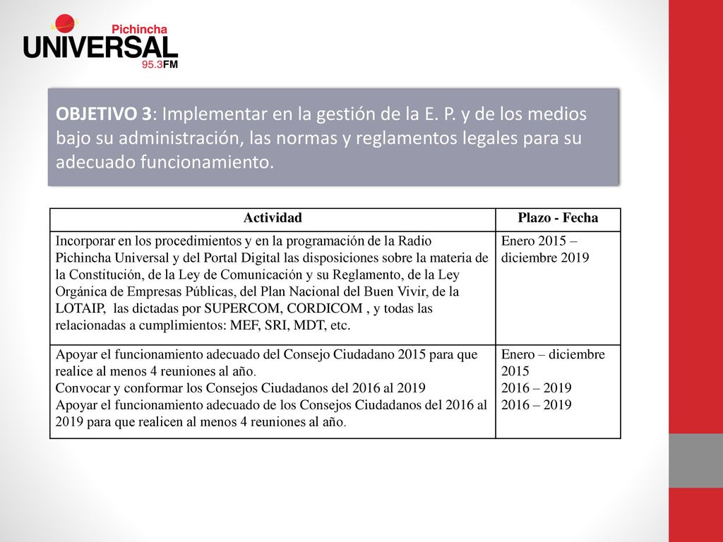 OBJETIVO 3: Implementar en la gestión de la E. P