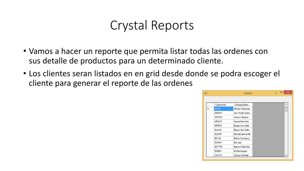 Crystal Reports Vamos a hacer un reporte que permita listar todas las ordenes con sus detalle de productos para un determinado cliente.