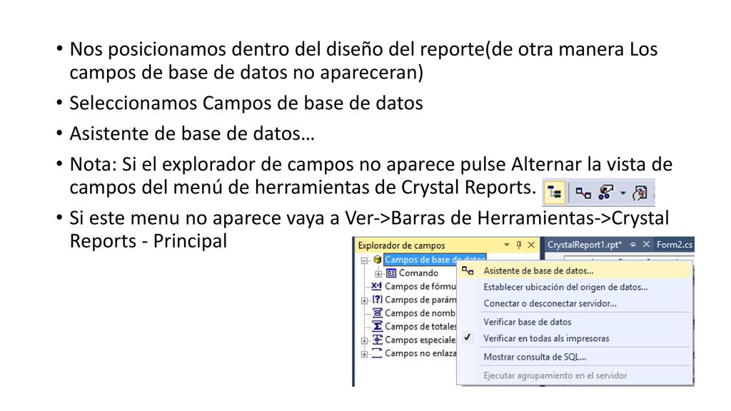 Nos posicionamos dentro del diseño del reporte(de otra manera Los campos de base de datos no apareceran)