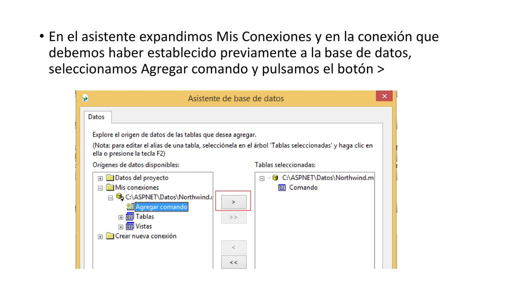 En el asistente expandimos Mis Conexiones y en la conexión que debemos haber establecido previamente a la base de datos, seleccionamos Agregar comando y pulsamos el botón >