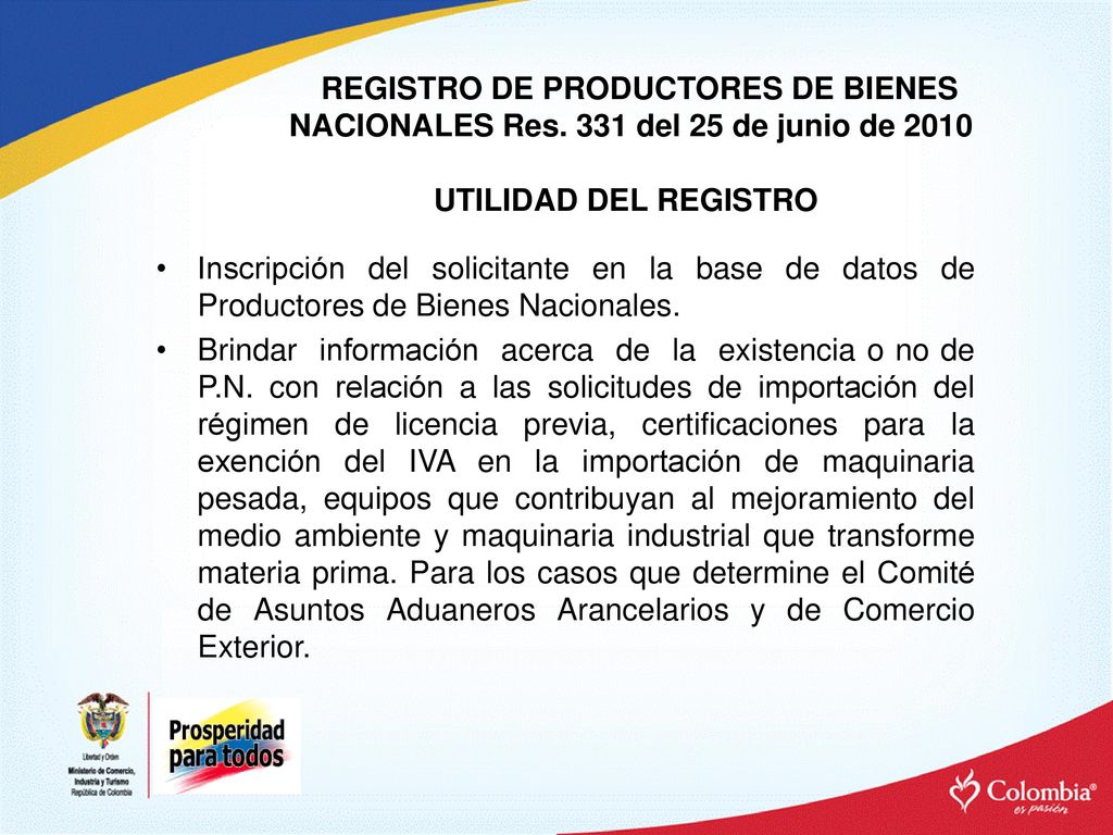 REGISTRO DE PRODUCTORES DE BIENES NACIONALES Res