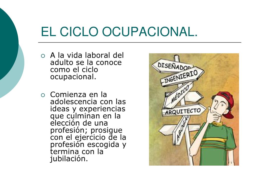 EL CICLO OCUPACIONAL. A la vida laboral del adulto se la conoce como el ciclo ocupacional.