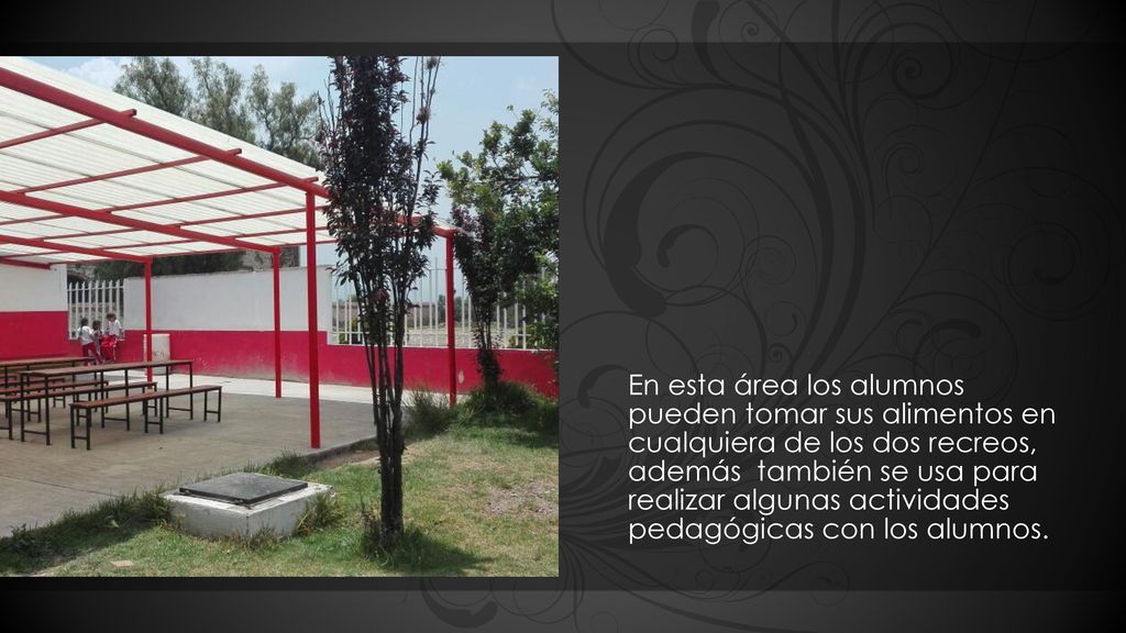 En esta área los alumnos pueden tomar sus alimentos en cualquiera de los dos recreos, además también se usa para realizar algunas actividades pedagógicas con los alumnos.