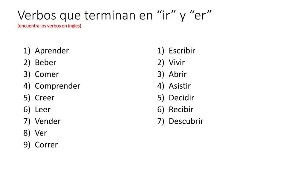 Verbos que terminan en ir y er (encuentra los verbos en ingles)