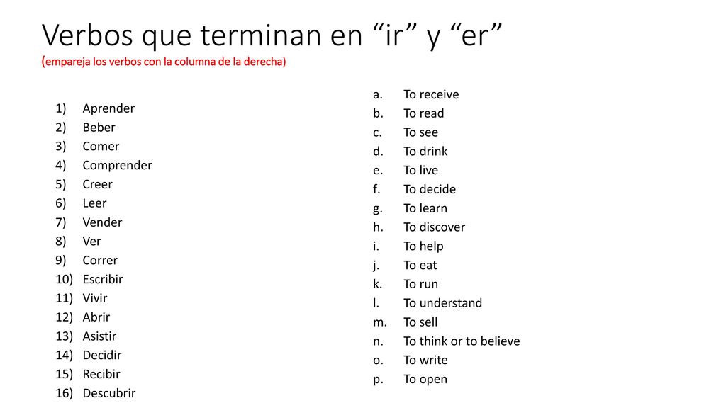 Verbos que terminan en ir y er (empareja los verbos con la columna de la derecha)