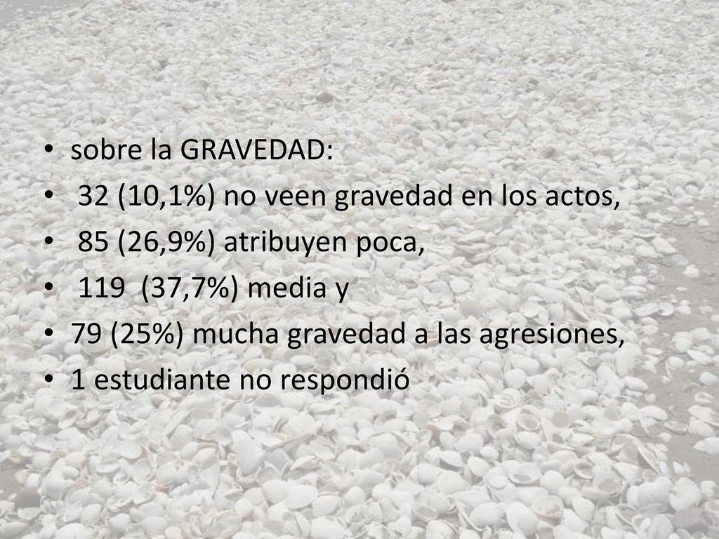 sobre la GRAVEDAD: 32 (10,1%) no veen gravedad en los actos, 85 (26,9%) atribuyen poca, 119 (37,7%) media y.