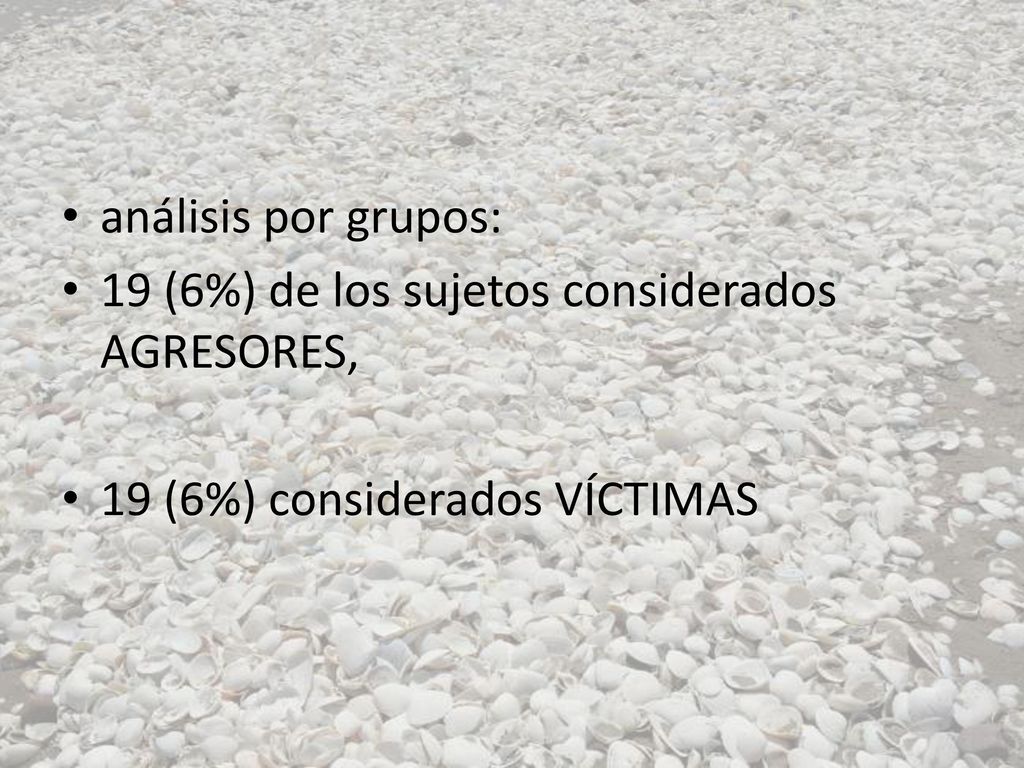 análisis por grupos: 19 (6%) de los sujetos considerados AGRESORES, 19 (6%) considerados VÍCTIMAS