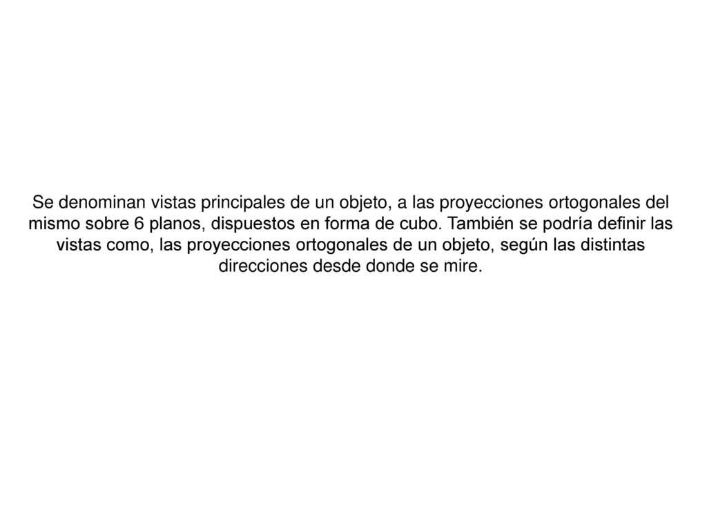 Se denominan vistas principales de un objeto, a las proyecciones ortogonales del mismo sobre 6 planos, dispuestos en forma de cubo.