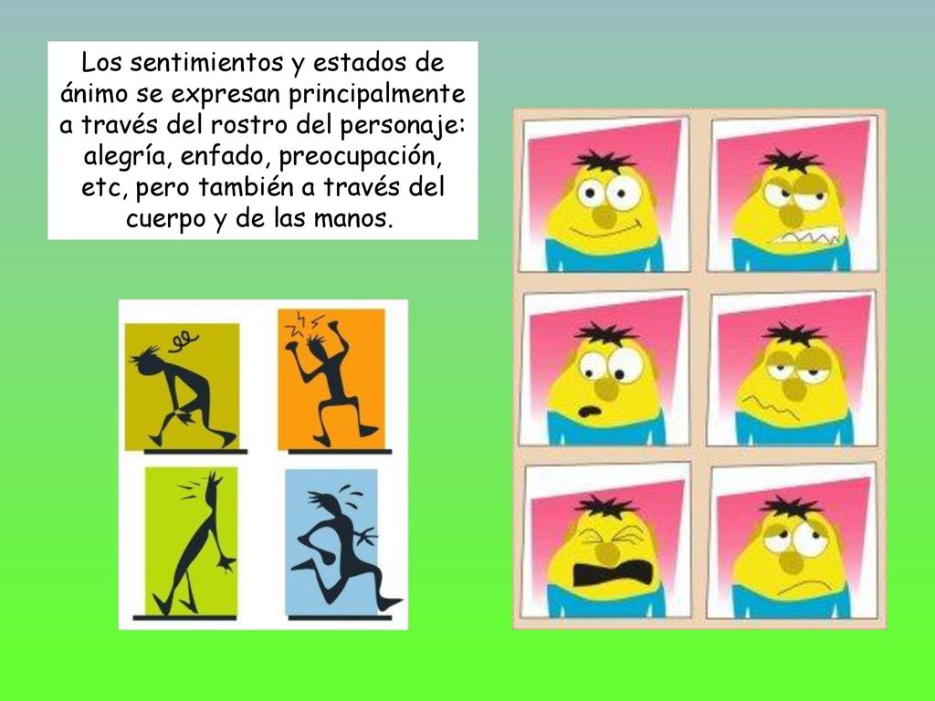 Los sentimientos y estados de ánimo se expresan principalmente a través del rostro del personaje: alegría, enfado, preocupación, etc, pero también a través del cuerpo y de las manos.