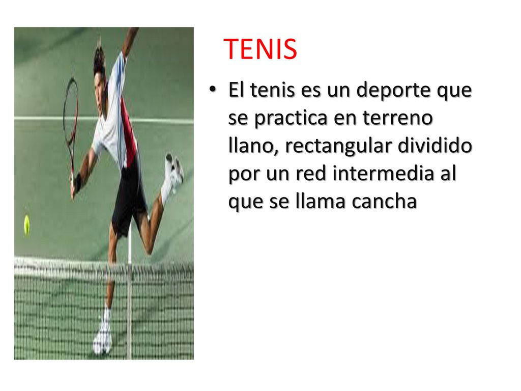 TENIS El tenis es un deporte que se practica en terreno llano, rectangular dividido por un red intermedia al que se llama cancha.