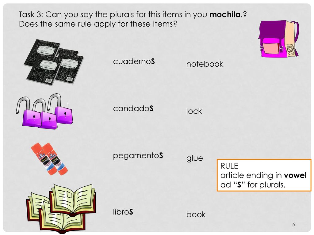 Task 3: Can you say the plurals for this items in you mochila.