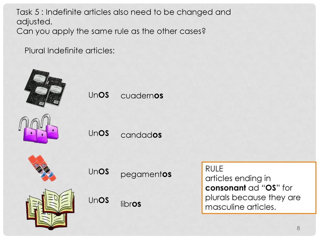 Task 5 : Indefinite articles also need to be changed and adjusted.
