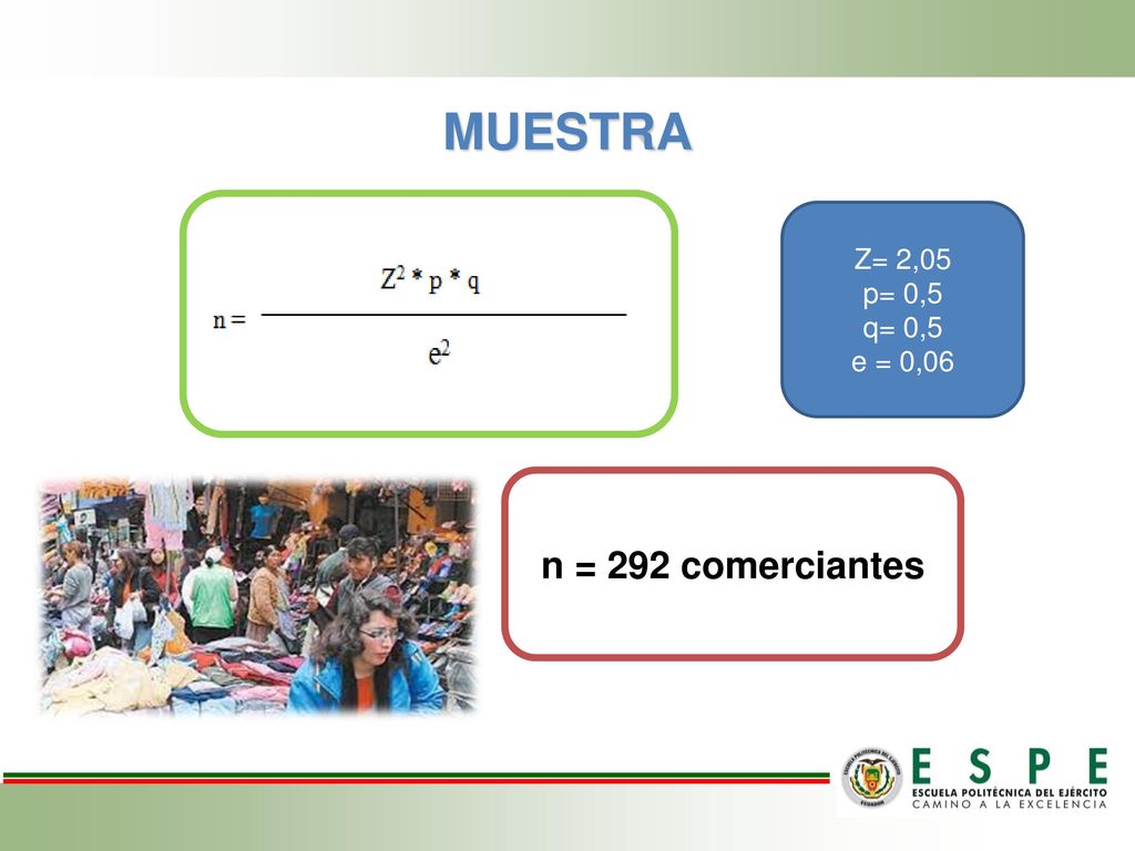 MUESTRA Z= 2,05 p= 0,5 q= 0,5 e = 0,06 n = 292 comerciantes