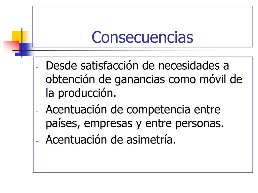 Consecuencias Desde satisfacción de necesidades a obtención de ganancias como móvil de la producción.