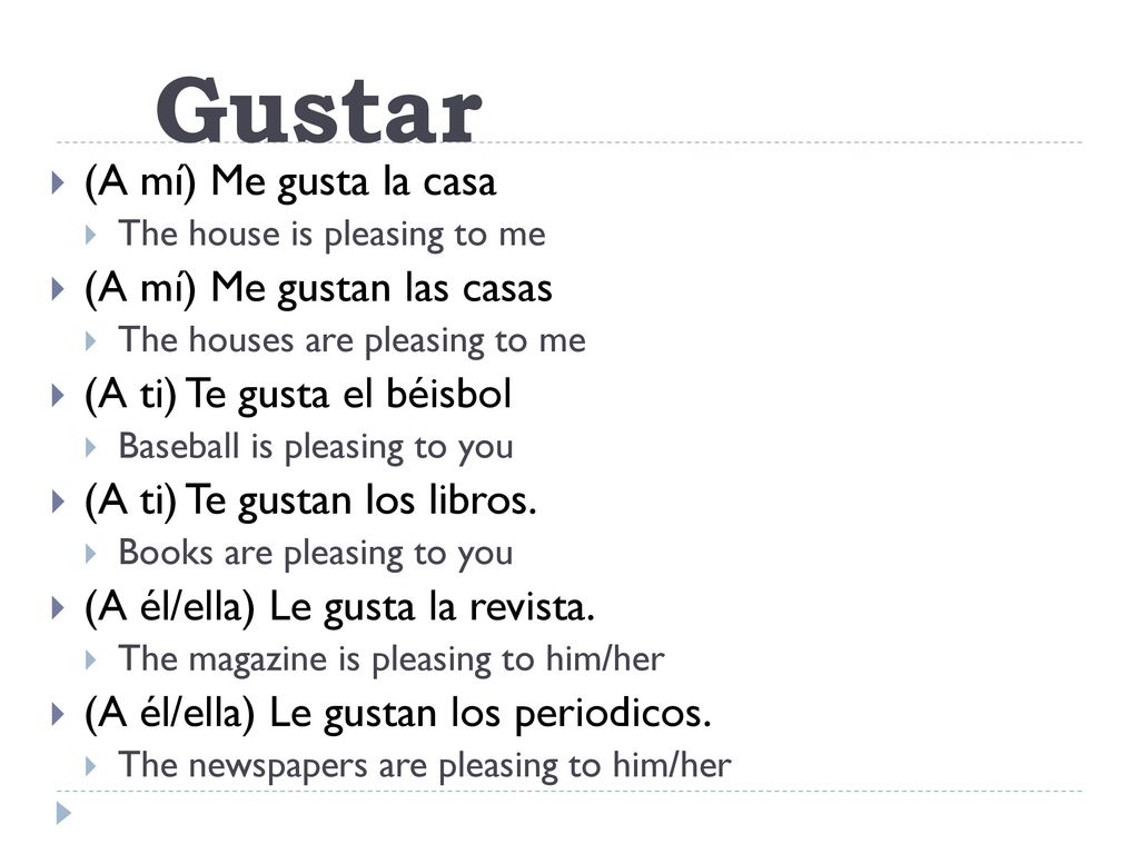 Gustar (A mí) Me gusta la casa (A mí) Me gustan las casas