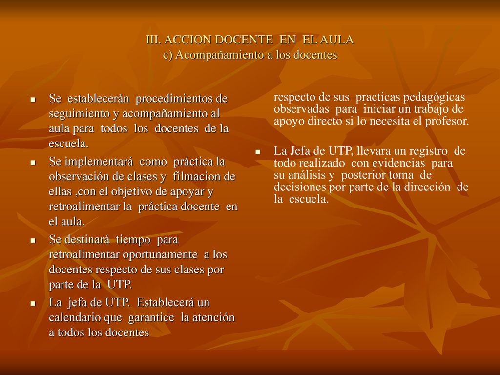 III. ACCION DOCENTE EN EL AULA c) Acompañamiento a los docentes