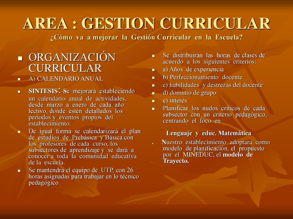 AREA : GESTION CURRICULAR ¿Cómo va a mejorar la Gestión Curricular en la Escuela
