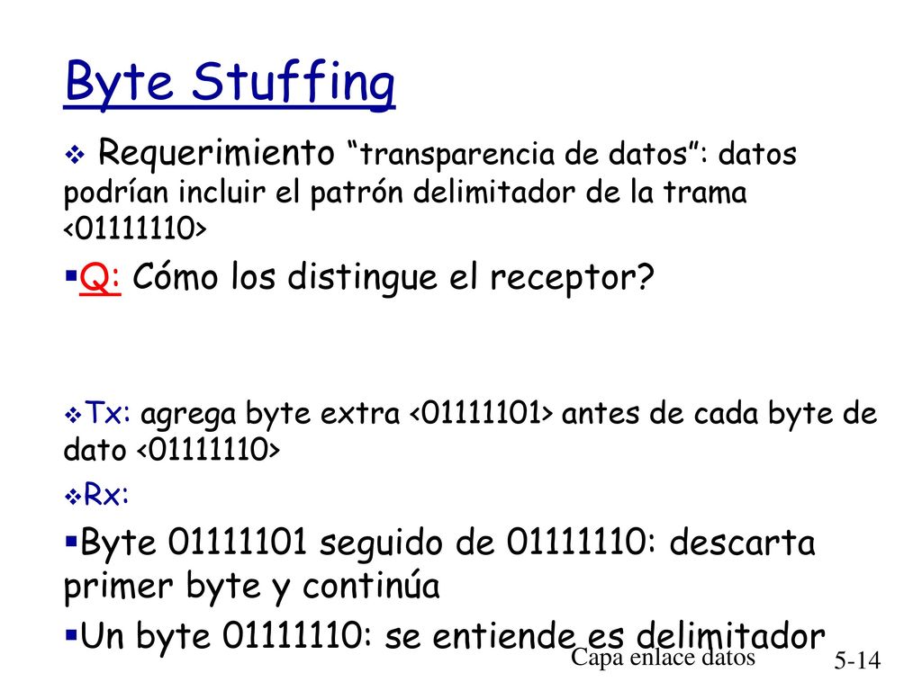 Byte Stuffing Requerimiento transparencia de datos : datos podrían incluir el patrón delimitador de la trama < >