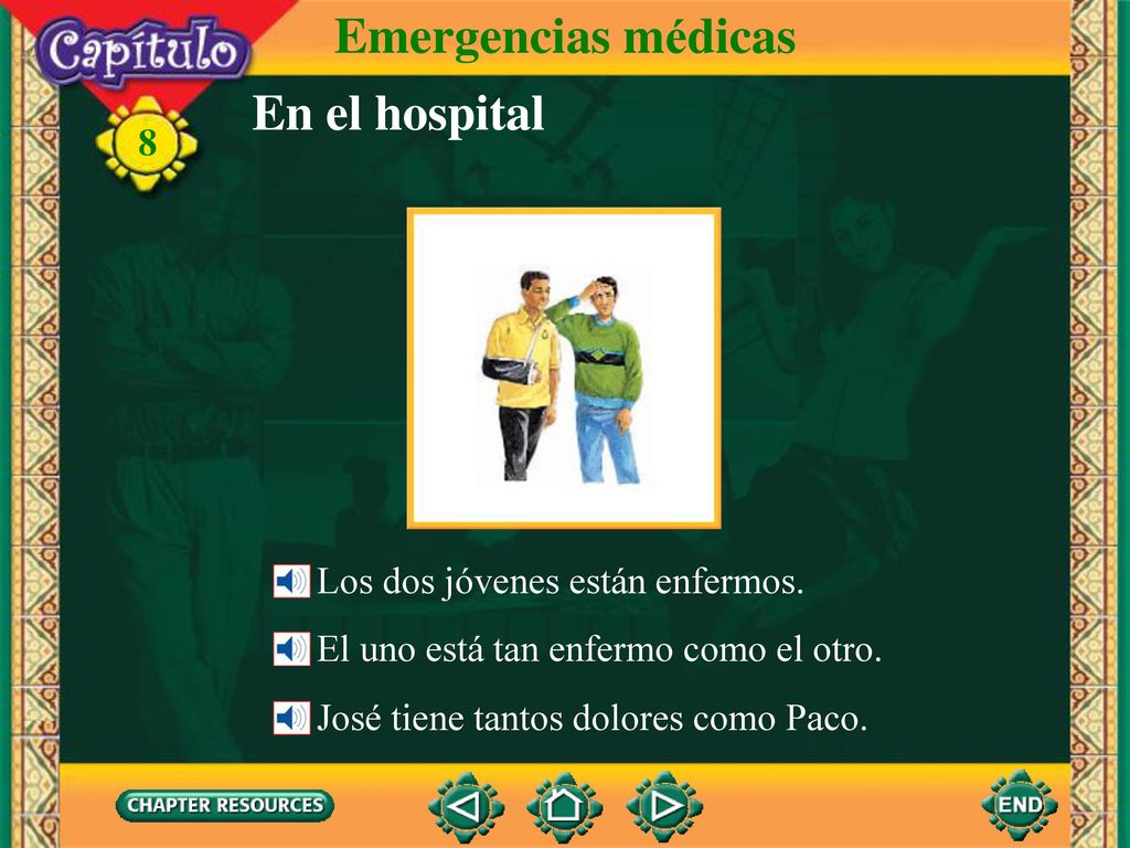 Emergencias médicas En el hospital Los dos jóvenes están enfermos.