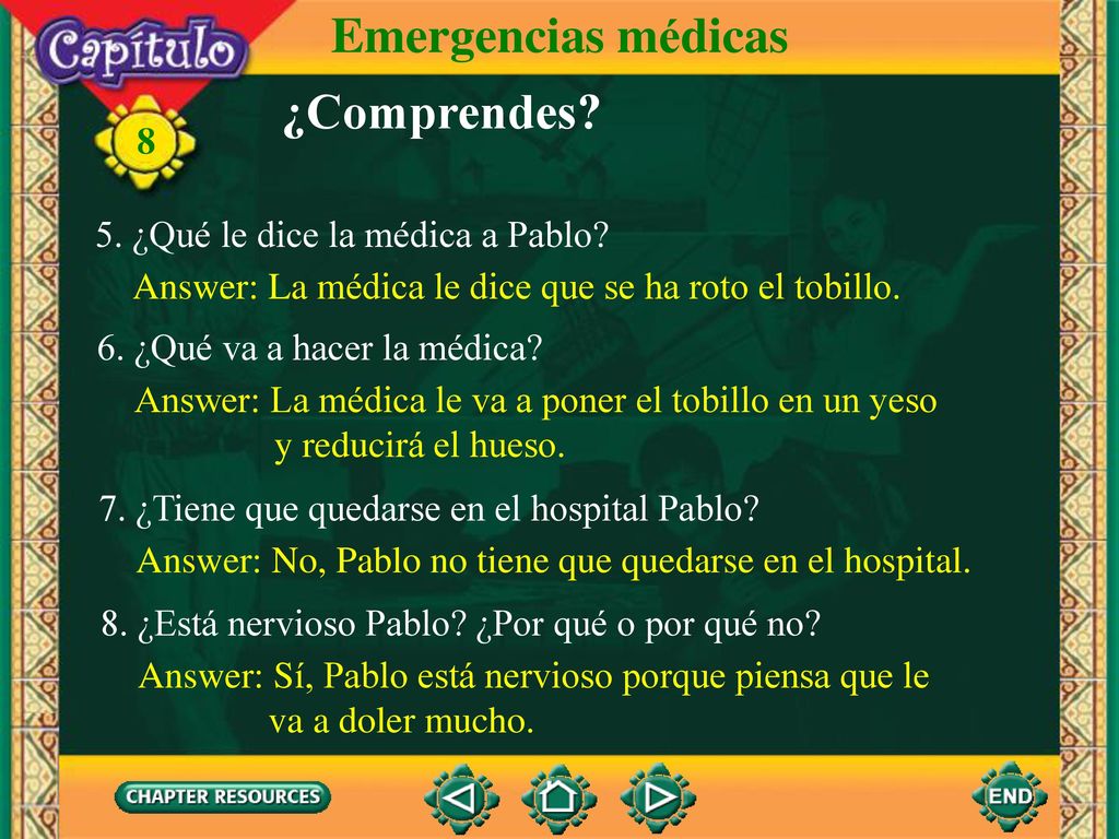 Emergencias médicas ¿Comprendes 5. ¿Qué le dice la médica a Pablo