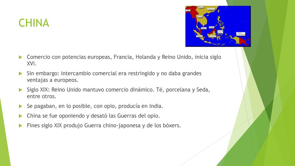 CHINA Comercio con potencias europeas, Francia, Holanda y Reino Unido, inicia siglo XVI.