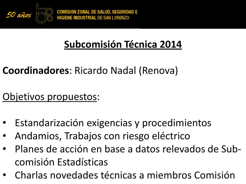 Subcomisión Técnica 2014 Coordinadores: Ricardo Nadal (Renova) Objetivos propuestos: Estandarización exigencias y procedimientos.
