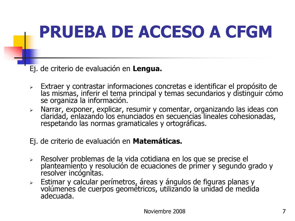 PRUEBA DE ACCESO A CFGM Ej. de criterio de evaluación en Lengua.