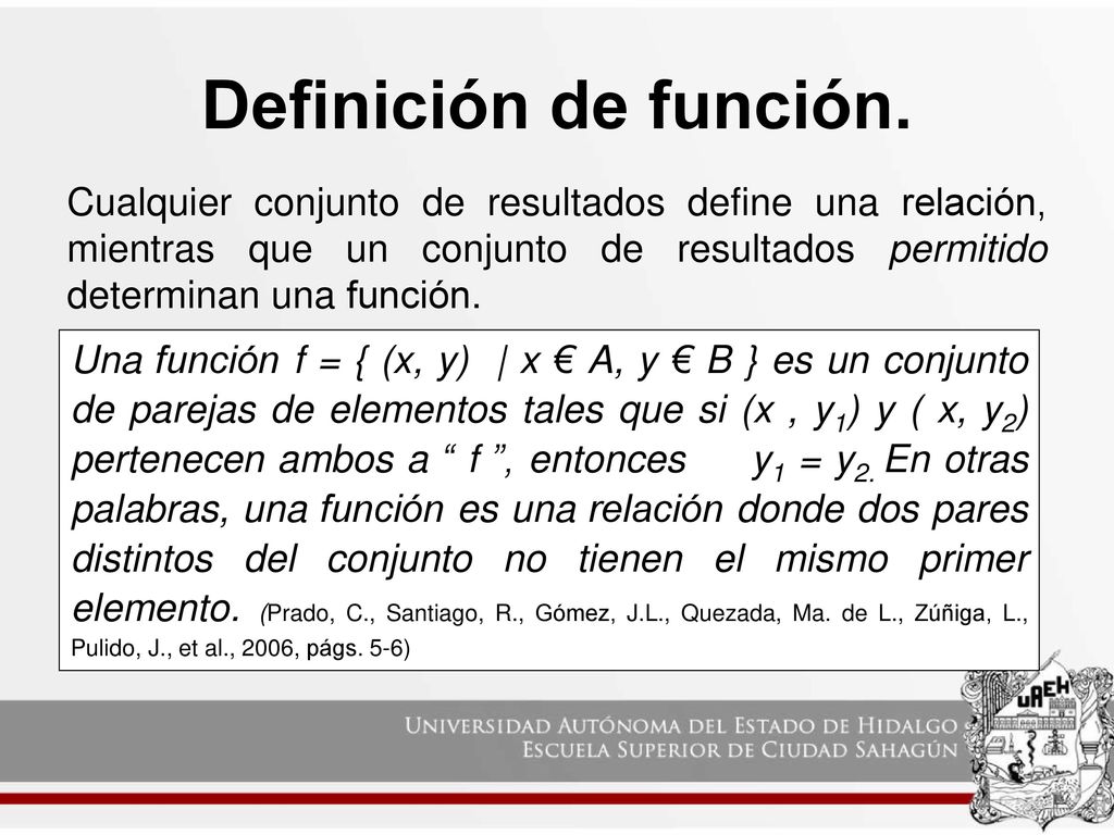 Definición de función. Cualquier conjunto de resultados define una relación, mientras que un conjunto de resultados permitido determinan una función.
