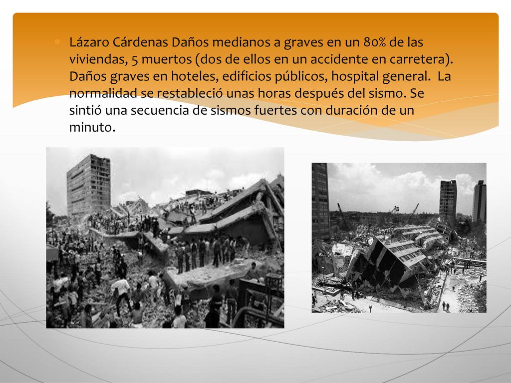 Lázaro Cárdenas Daños medianos a graves en un 80% de las viviendas, 5 muertos (dos de ellos en un accidente en carretera).