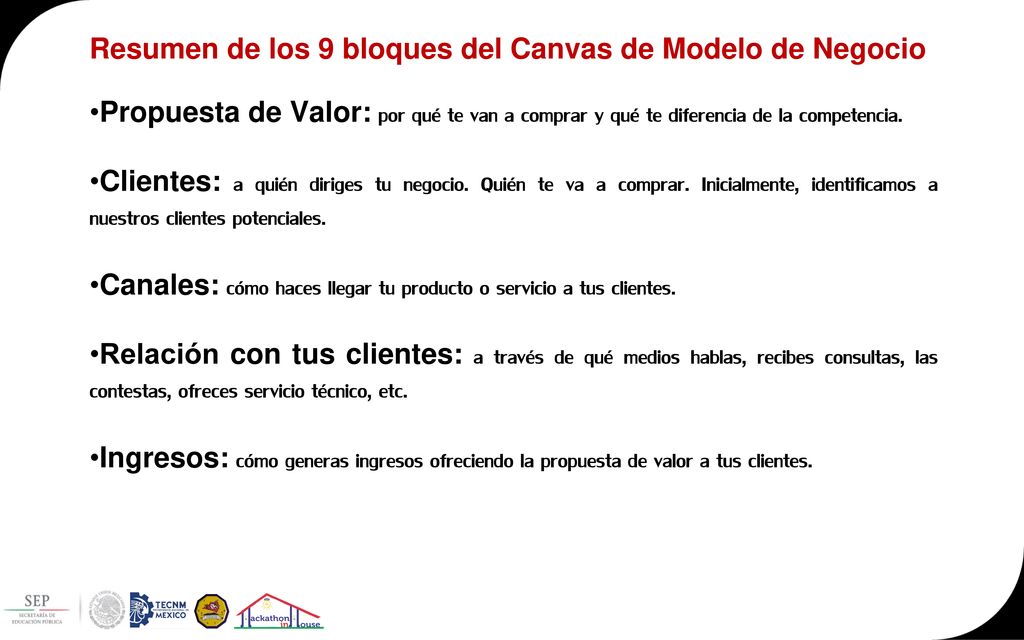Resumen de los 9 bloques del Canvas de Modelo de Negocio
