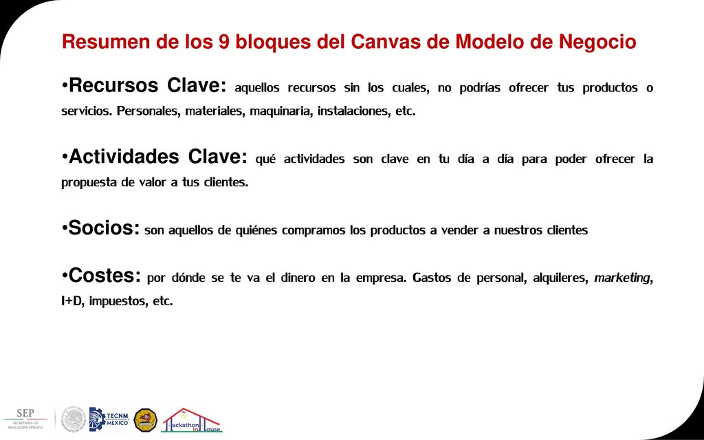 Resumen de los 9 bloques del Canvas de Modelo de Negocio