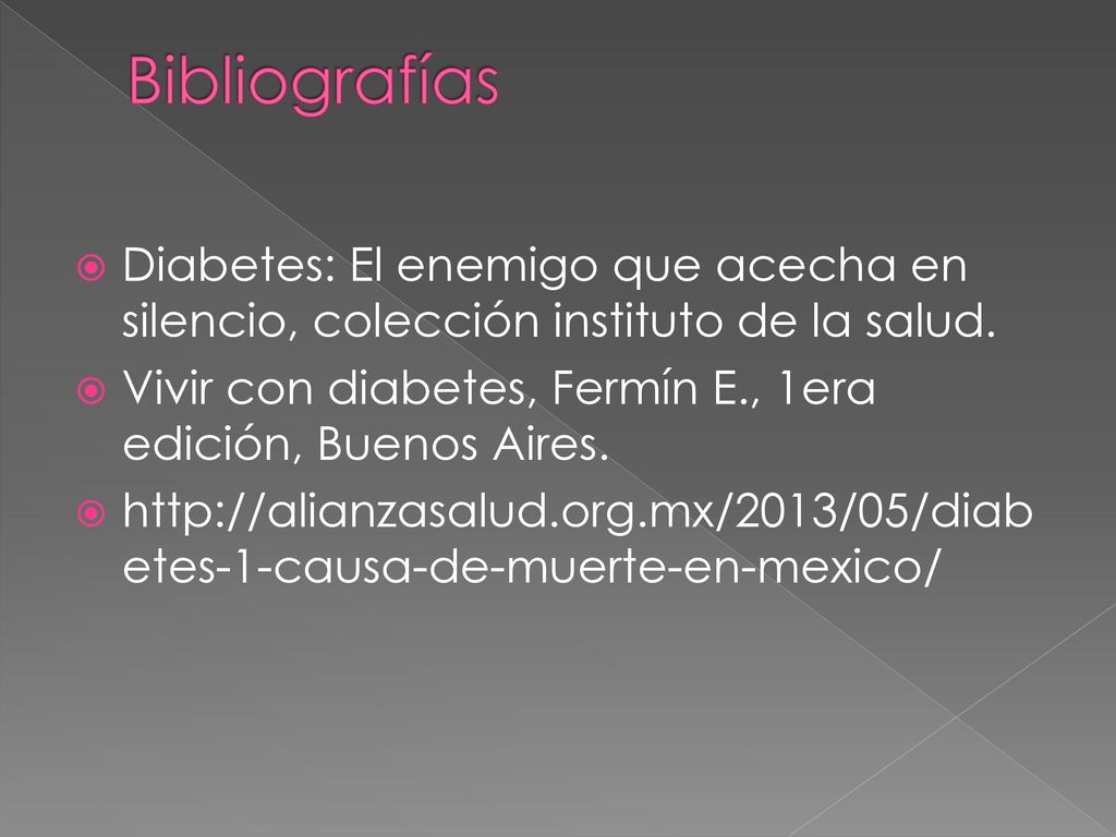 Bibliografías Diabetes: El enemigo que acecha en silencio, colección instituto de la salud.