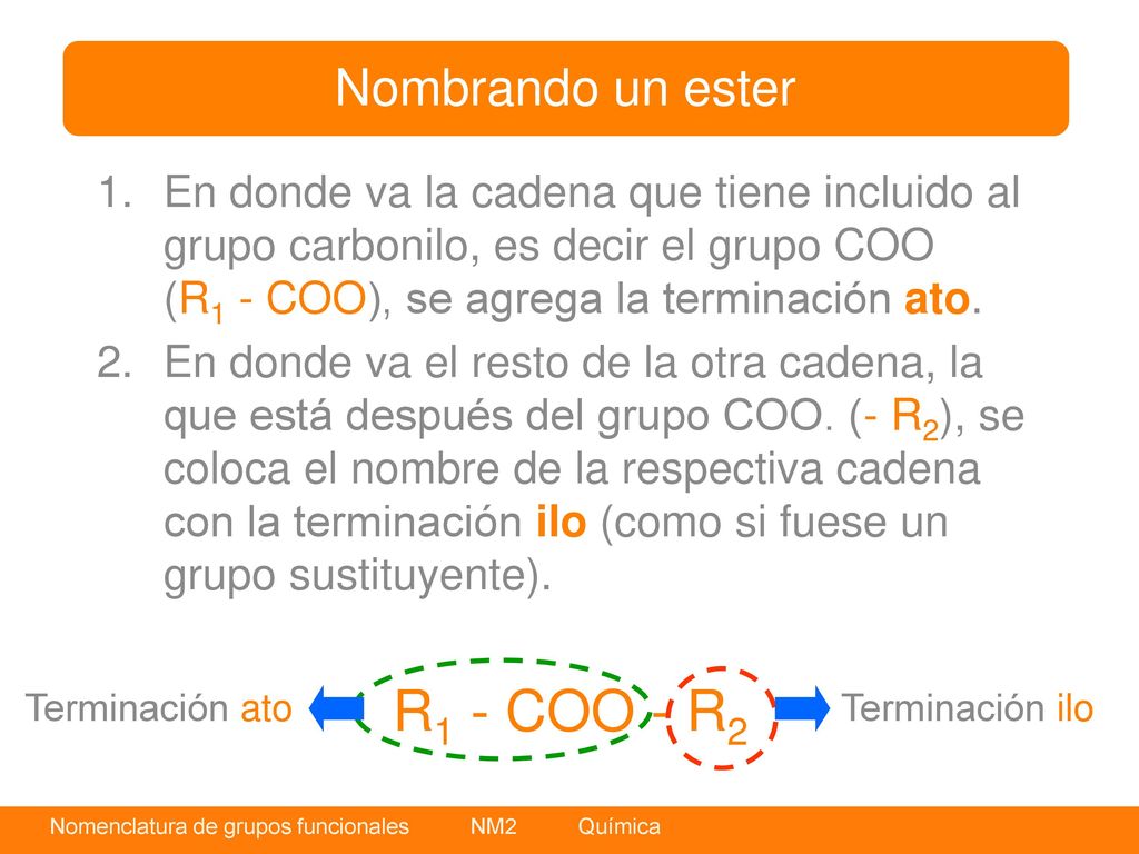 R1 - COO - R2 Nombrando un ester