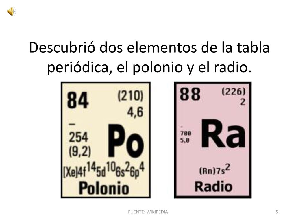 Descubrió dos elementos de la tabla periódica, el polonio y el radio.