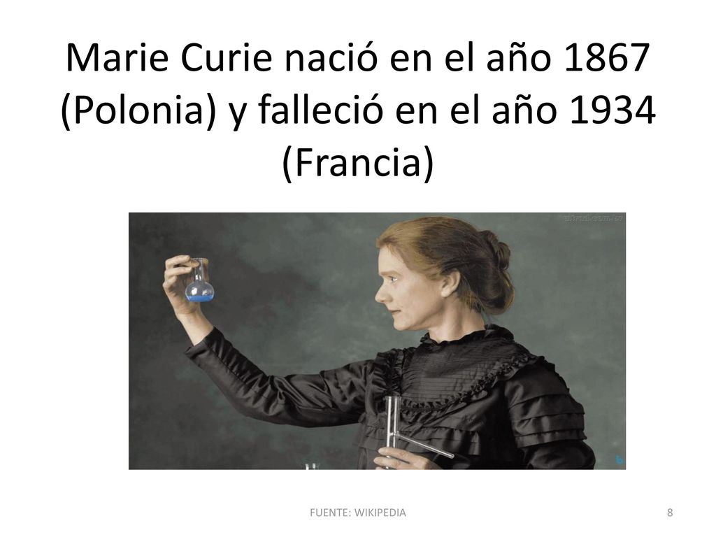 Marie Curie nació en el año 1867 (Polonia) y falleció en el año 1934 (Francia)