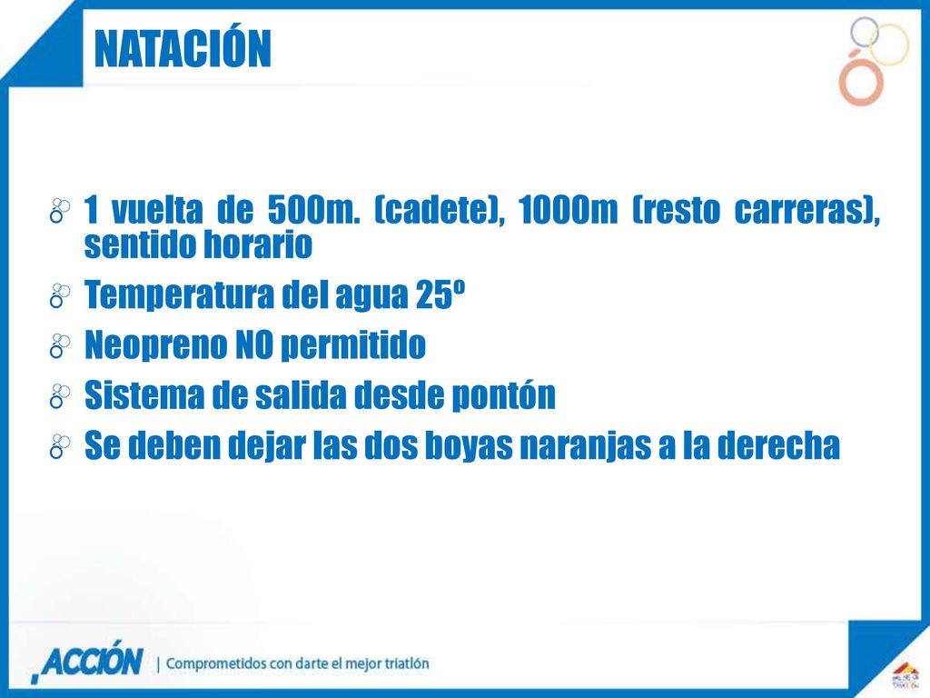natación 1 vuelta de 500m. (cadete), 1000m (resto carreras), sentido horario. Temperatura del agua 25º.