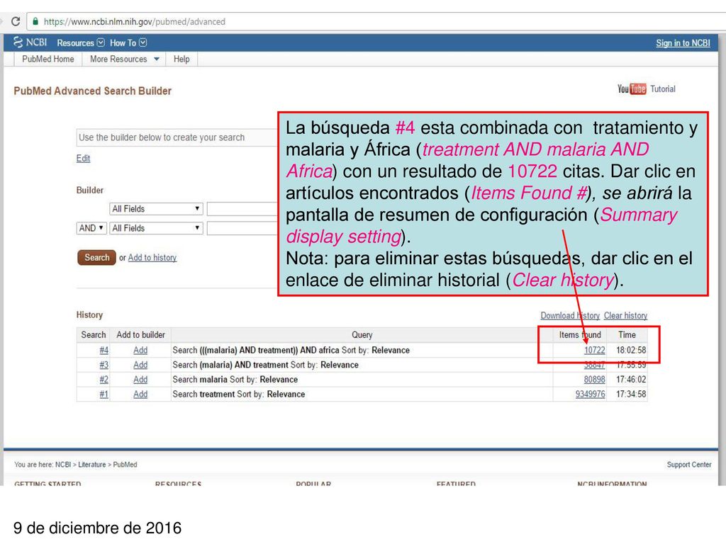 La búsqueda #4 esta combinada con tratamiento y malaria y África (treatment AND malaria AND Africa) con un resultado de citas. Dar clic en