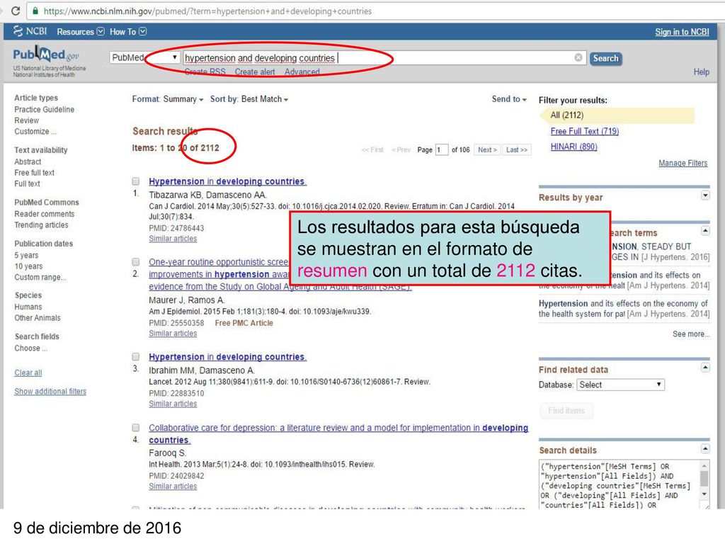 Los resultados para esta búsqueda se muestran en el formato de resumen con un total de 2112 citas.
