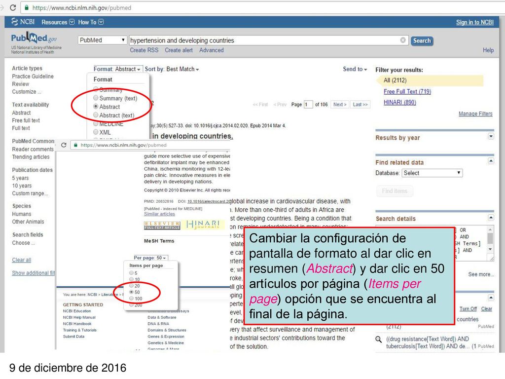 Cambiar la configuración de pantalla de formato al dar clic en resumen (Abstract) y dar clic en 50 artículos por página (Items per page) opción que se encuentra al final de la página.