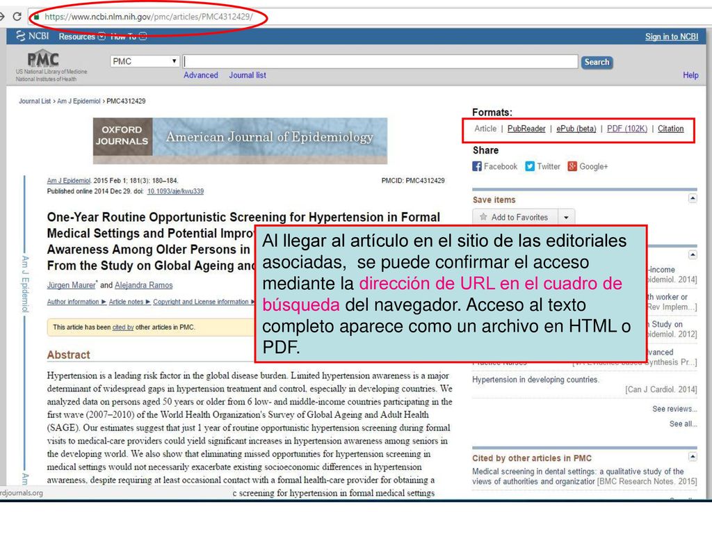 Al llegar al artículo en el sitio de las editoriales asociadas, se puede confirmar el acceso mediante la dirección de URL en el cuadro de búsqueda del navegador. Acceso al texto completo aparece como un archivo en HTML o PDF.