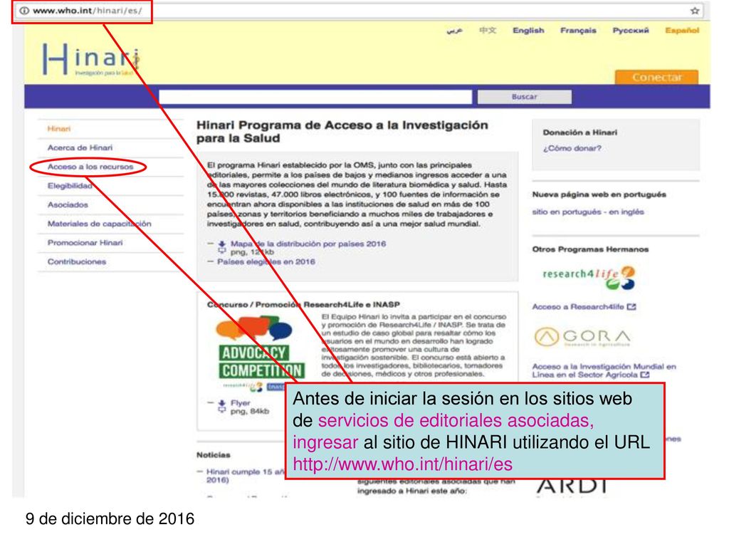 Antes de iniciar la sesión en los sitios web de servicios de editoriales asociadas, ingresar al sitio de HINARI utilizando el URL