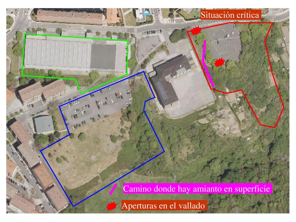 Situación crítica Camino donde hay amianto en superficie Aperturas en el vallado