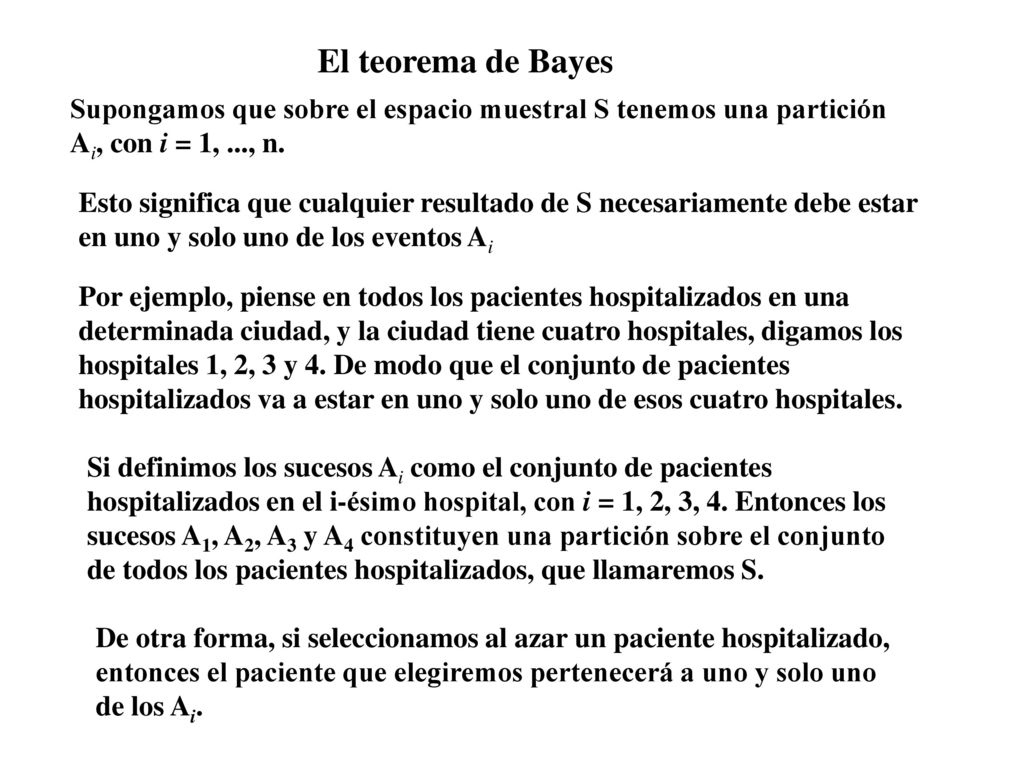 El teorema de Bayes Supongamos que sobre el espacio muestral S tenemos una partición Ai, con i = 1, ..., n.