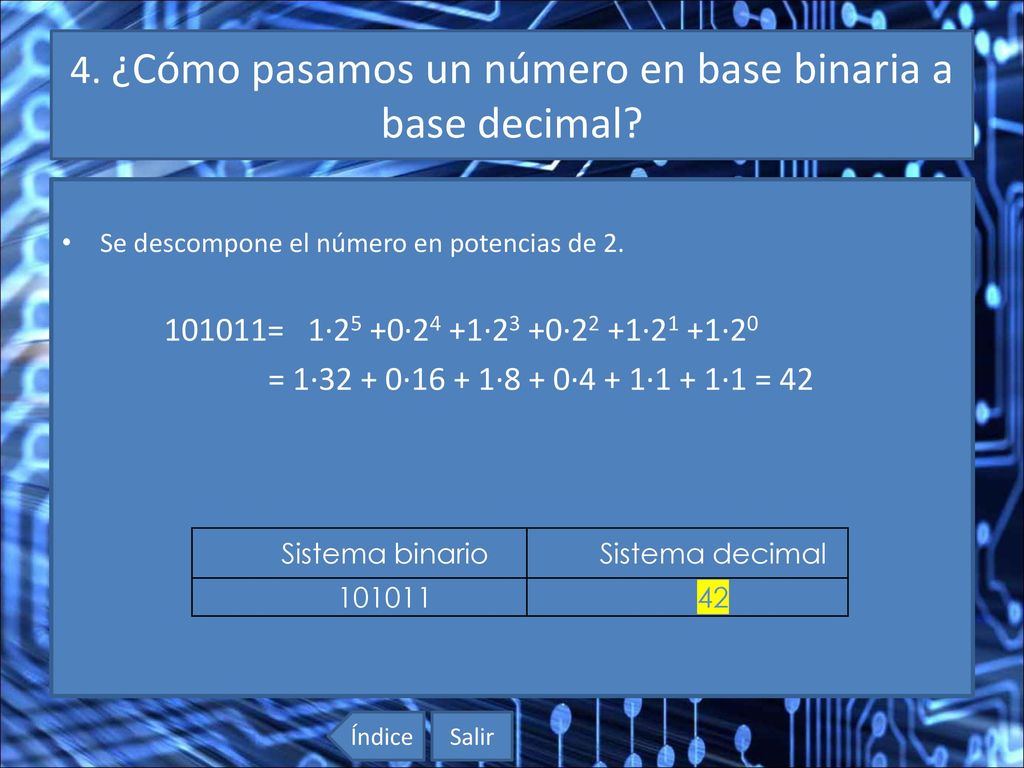 4. ¿Cómo pasamos un número en base binaria a base decimal