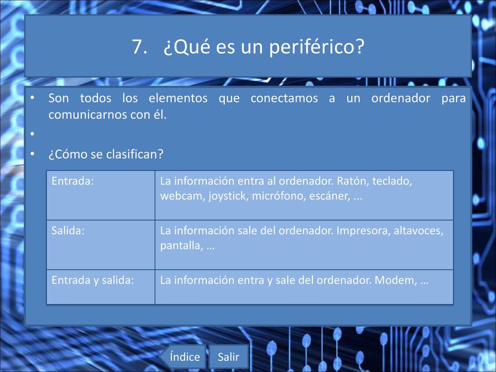 7. ¿Qué es un periférico Son todos los elementos que conectamos a un ordenador para comunicarnos con él.