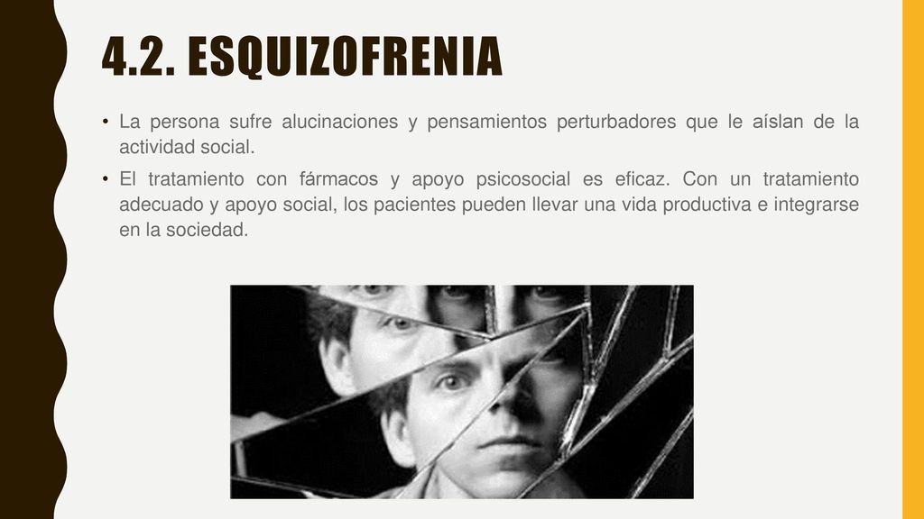 4.2. Esquizofrenia La persona sufre alucinaciones y pensamientos perturbadores que le aíslan de la actividad social.