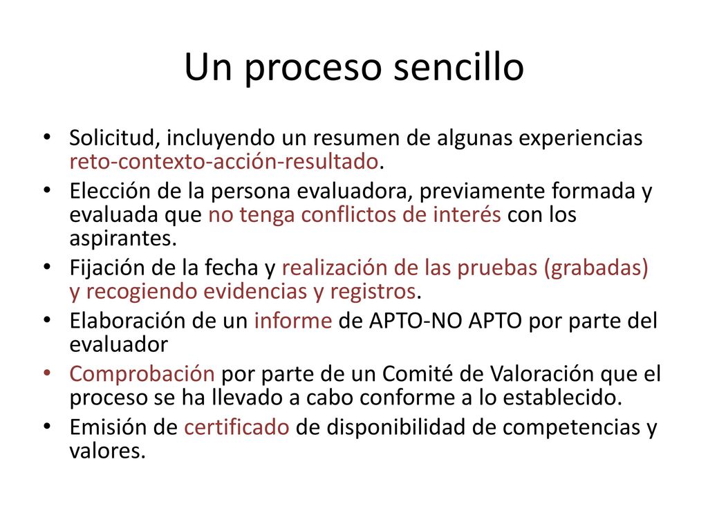Un proceso sencillo Solicitud, incluyendo un resumen de algunas experiencias reto-contexto-acción-resultado.