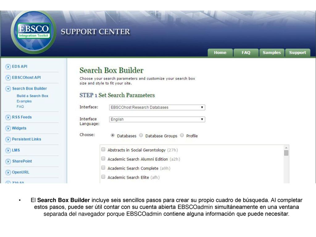 El Search Box Builder incluye seis sencillos pasos para crear su propio cuadro de búsqueda.