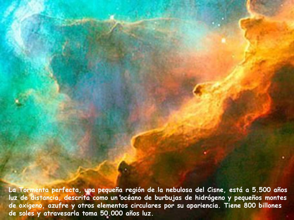 La Tormenta perfecta, una pequeña región de la nebulosa del Cisne, está a años luz de distancia, descrita como un océano de burbujas de hidrógeno y pequeños montes de oxigeno, azufre y otros elementos circulares por su apariencia.