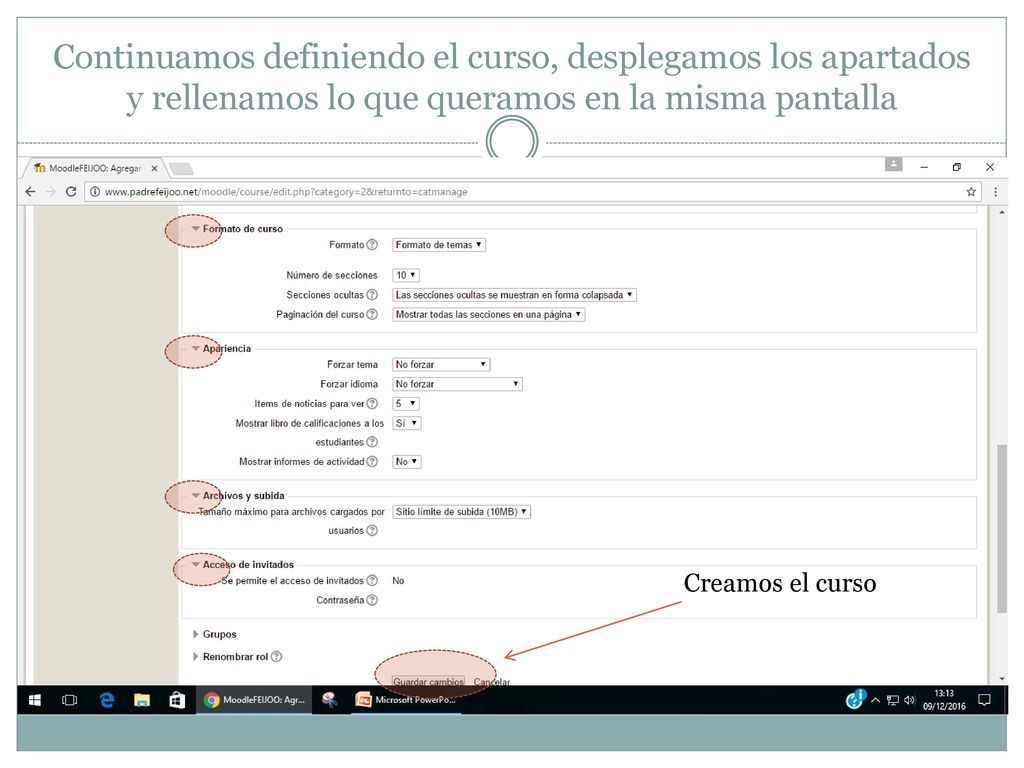 Continuamos definiendo el curso, desplegamos los apartados y rellenamos lo que queramos en la misma pantalla